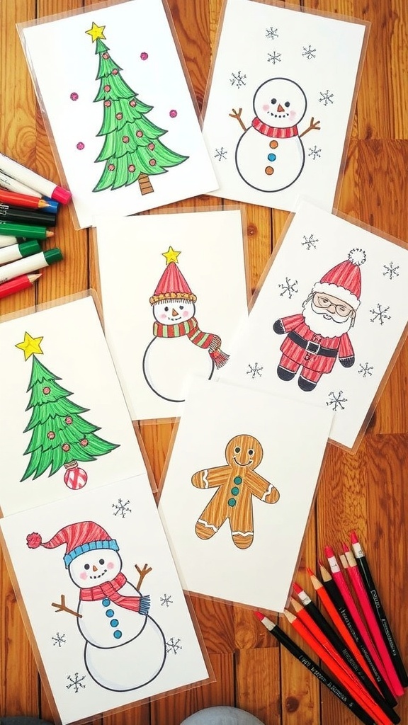 Simple Christmas Card Drawing Ideas Hand-drawn Christmas card designs including a tree, snowman, Santa, gingerbread man, and snowflakes on a crafting table.